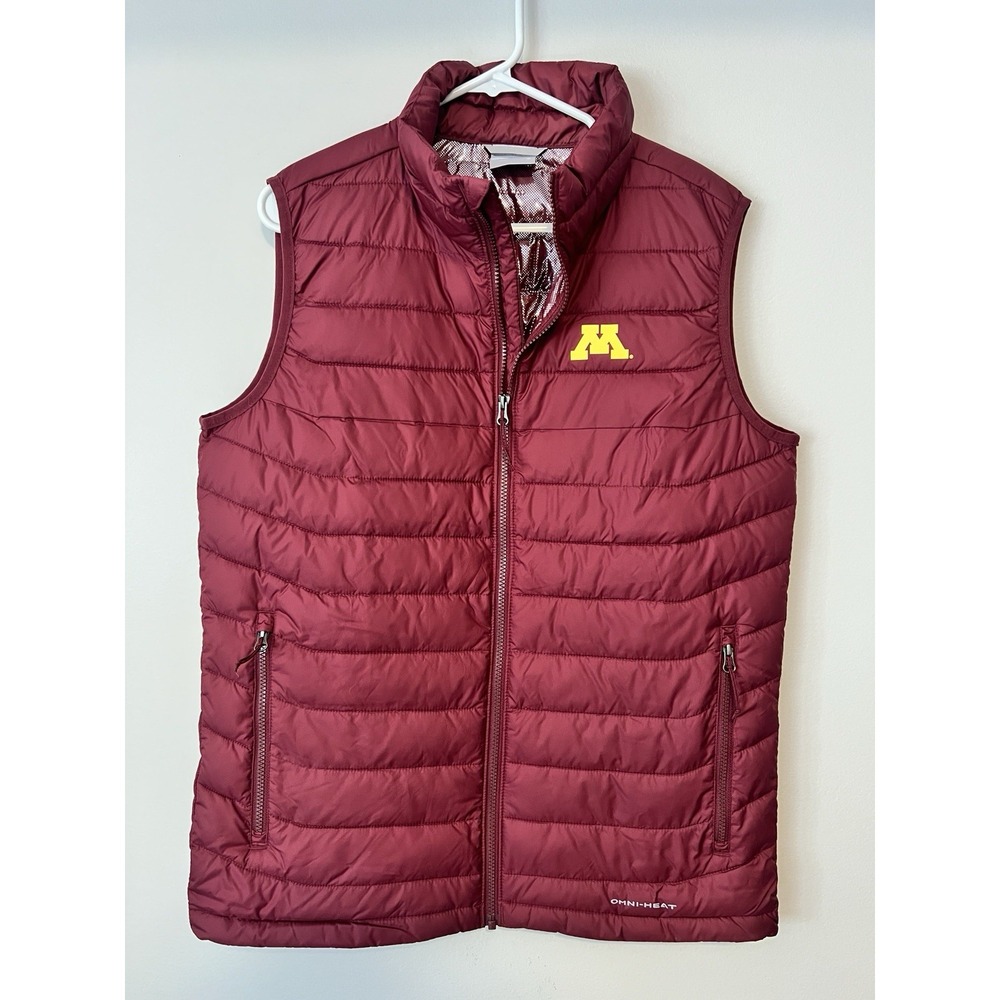 Columbia Omni Heat Puffer Vest Mens M Maroon Full Zip Pockets U Of M Gophers